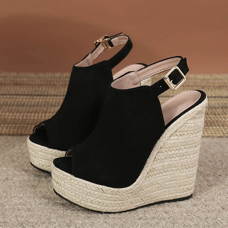 Liyke Size 34-42 Black Women Platform Wedge Sandals Summer Fashion Peep Toe Buckle Strap High Heels Ladies Shoes Sandalias Mujer