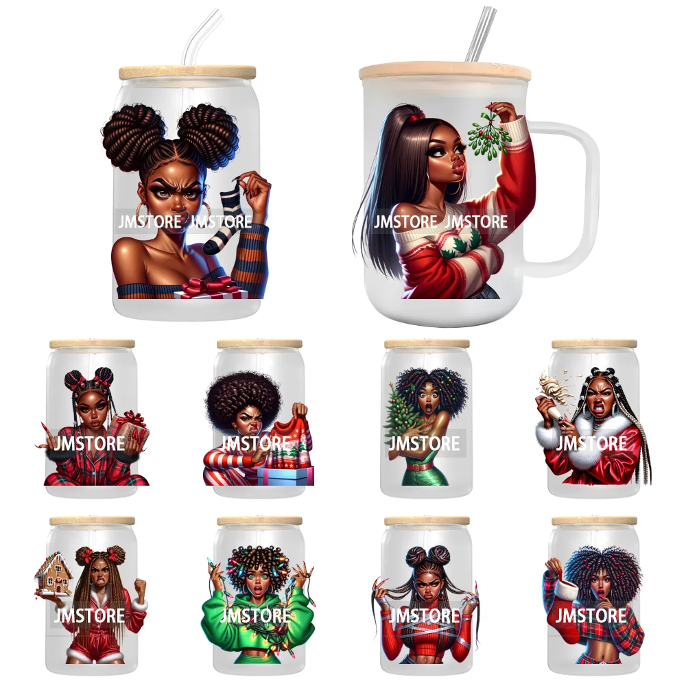 Funny Black Girl Lady Xmas Season UV DTF Decals Ready To Apply Waterproof Transfer Stickers DIY Crafts For 16OZ Libbey Glass Can