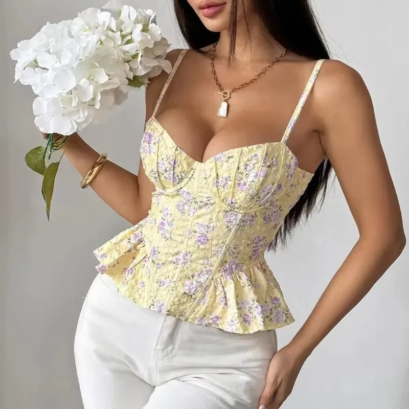 Corset feminino floral, top cropped com renda, camisola justa sem mangas, modelador, lingerie sexy, top halter, colete de verão.