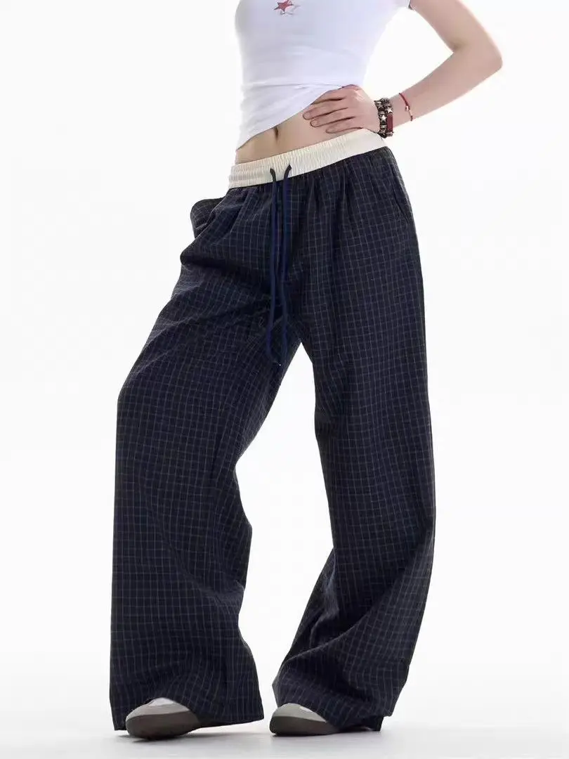 Women's Retro Checkered Pattern Hip-hop Wide Legs Pants Cool Girl Casual Bottoms Summer Sweatpants Female High Waisted Trousers