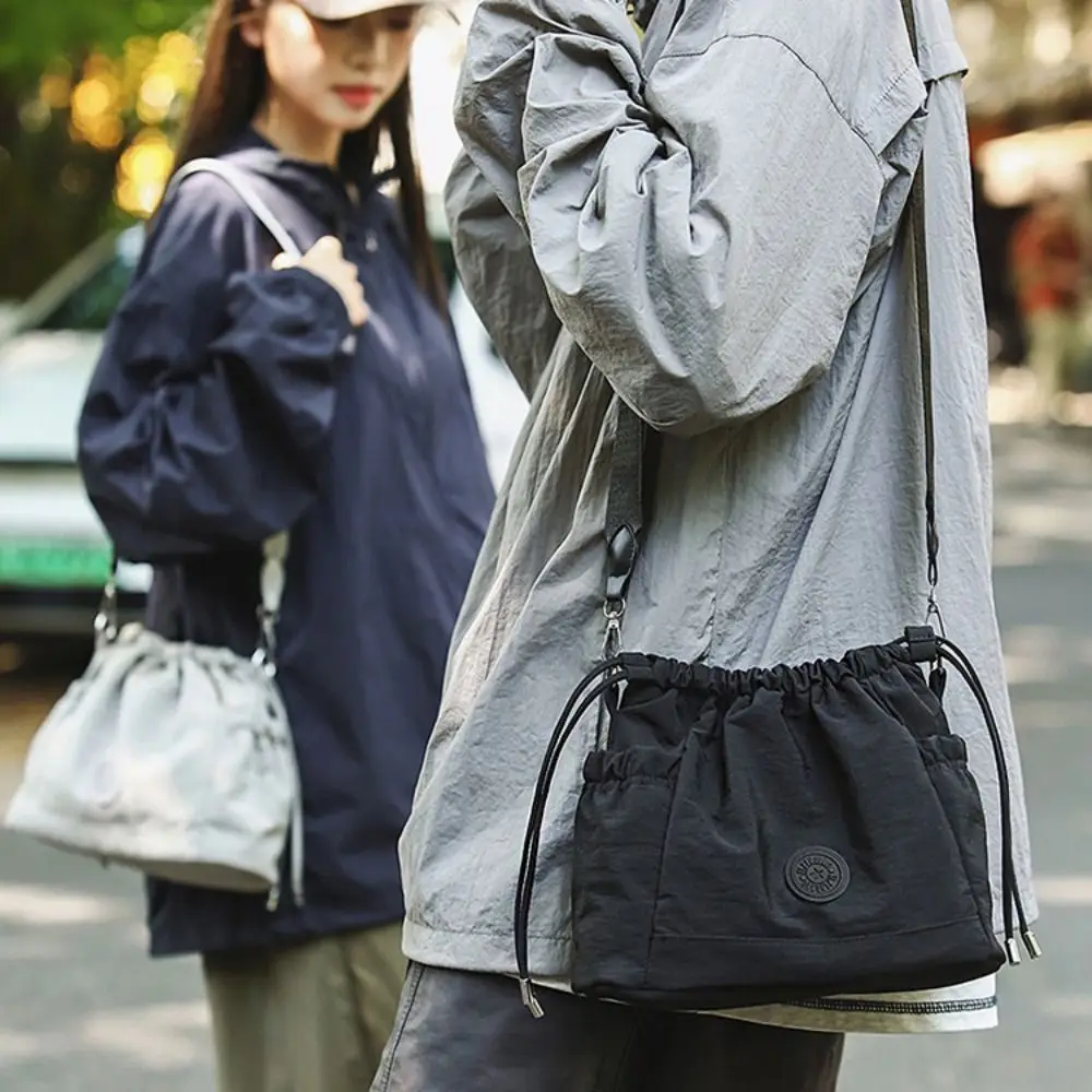 

Korean Style Drawstring Bucket Bag Handbag Purse Nylon Shoulder Bag Mobile Phone Bag Solid Color Oxford Cloth Crossbody Bag