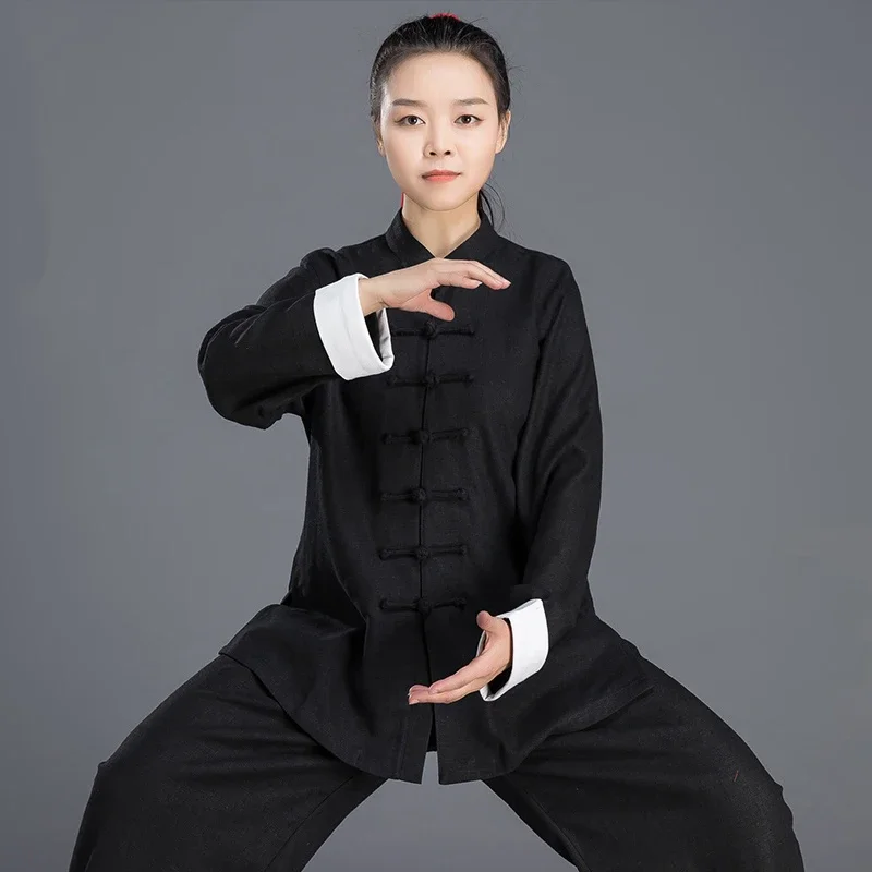 

Утолщенная Одежда Кунг-фу тайчи, женская униформа Taijiquan Wushu в виде крыльев, черная разноцветная бамбуковая льняная одежда