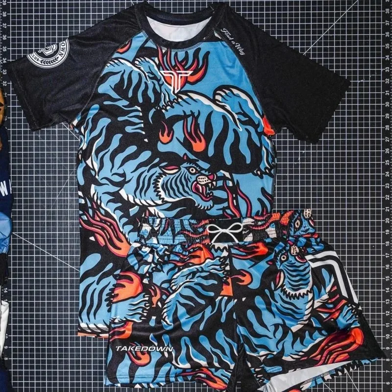 New Blue Fire Tiger Pattern Theme Set for 2026, Quick drying Wear resistant Short Sleeve, Men's and Women's Universal Set