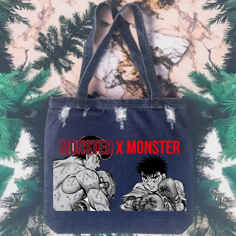 حقائب يد Hajime no Ippo للجنسين من قماش الدنيم ذات سعة كبيرة وخفيفة الوزن وحقائب كتف جينز متعددة الاستخدامات للسفر غير الرسمي