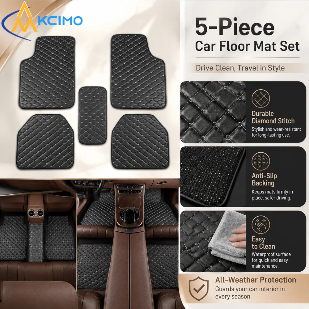5Pcs Leather Car Floor Mats Waterproof Anti-Slip Durable Stain Resistant Foot Pad Auto Interior Mat for Vehicle Decoration