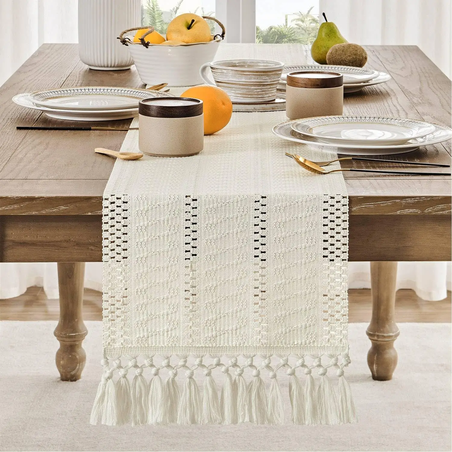 Macrame Style Boho Table Runner, Ivory Table Runners with Tassel, Farmhouse Woven Home Decor,  Ivory