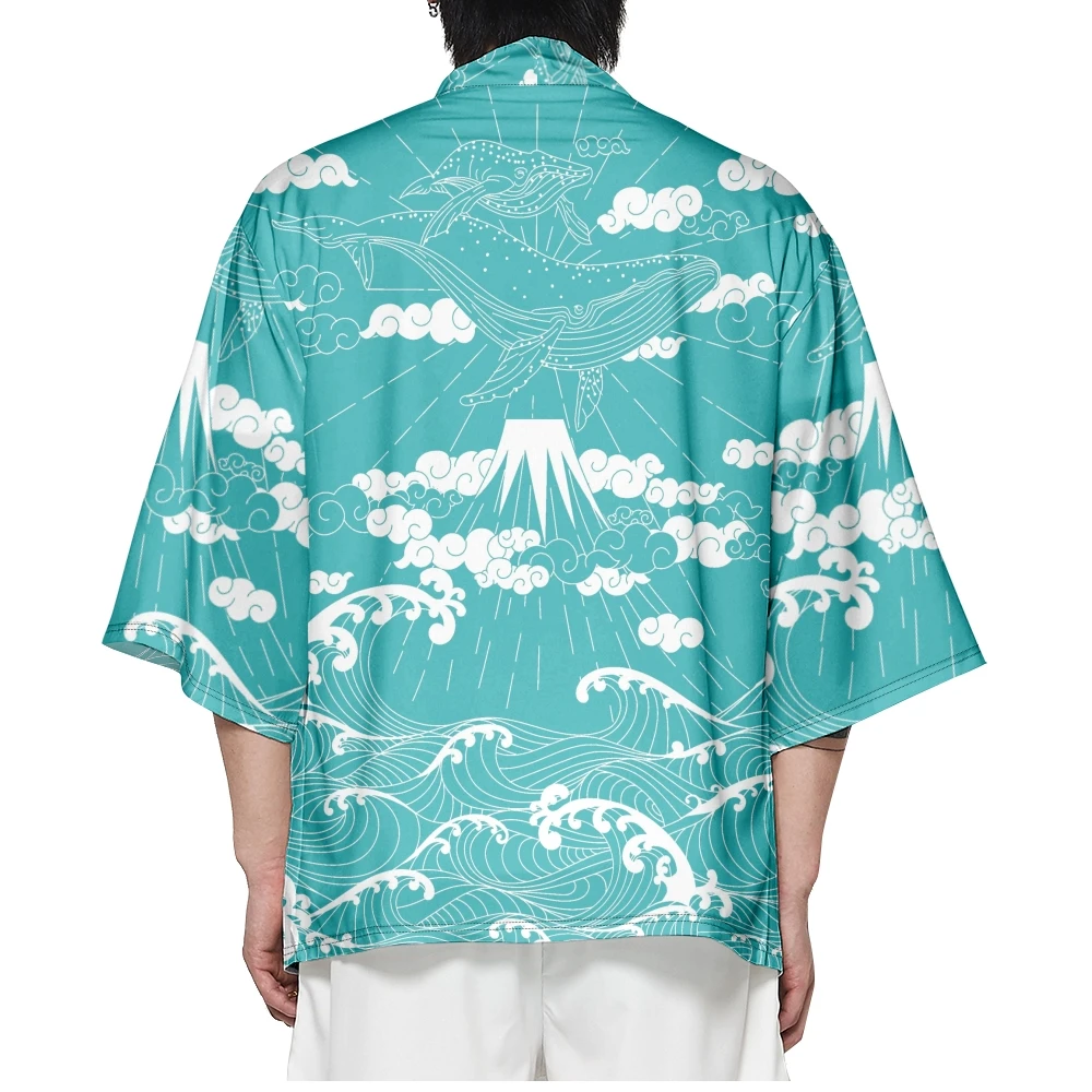 Summer Japanese Wave Print Kimono Streetwear Cardigan Women Men Oversized Haori Top Yukata Cosplay Costume