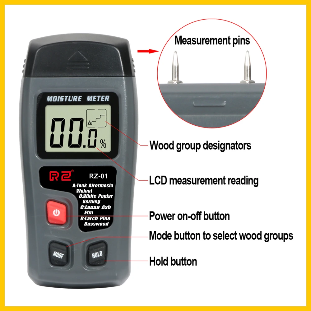 RZ Wood Moisture Meter Hygrometer Timber Damp Detector Tree Density Digital Wood Humidity Tester