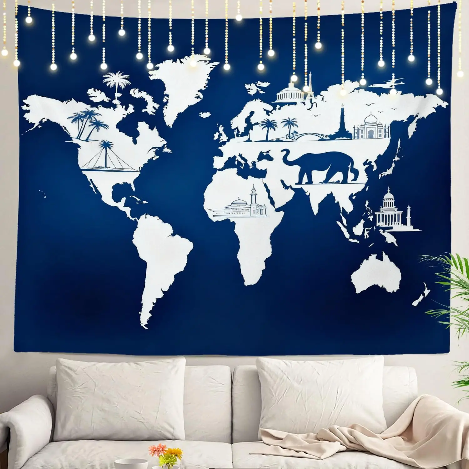 World Map Tapestry Wall Hanging Decor Global Travel Art Blue Canvas Home Decoration Poster Canvas for Living Room Bedroom
