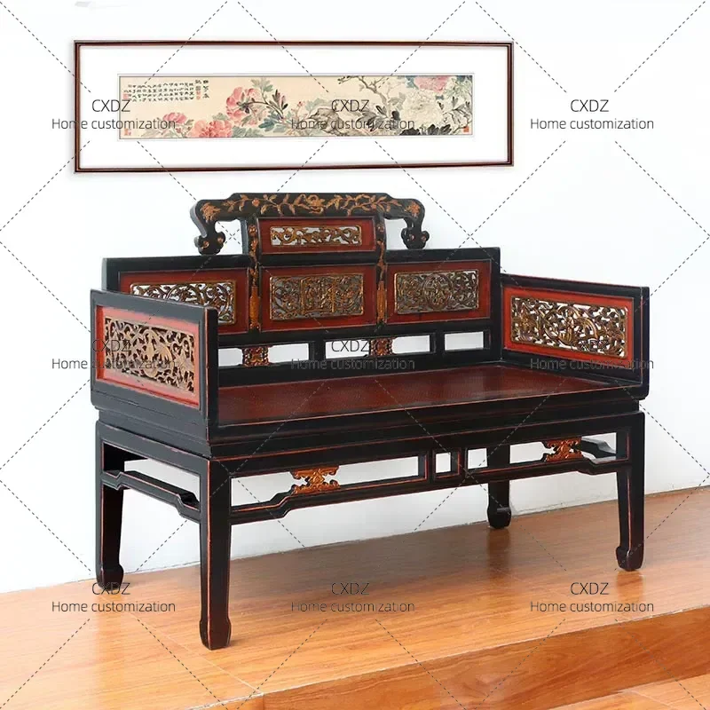 Ming Qing Style Solid Wood Sofa Gold Lacquer Carved Double Chair Chinese Retro Red Living Room Bench Antique Furniture