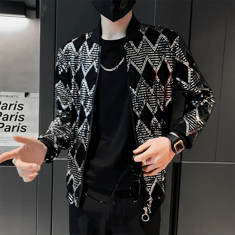 

Elegant Fashion Harajuku Slim Fit Male Clothes Loose Casual All Match Outerwear O Neck Sequins Thin Style Long Sleeve Jacket