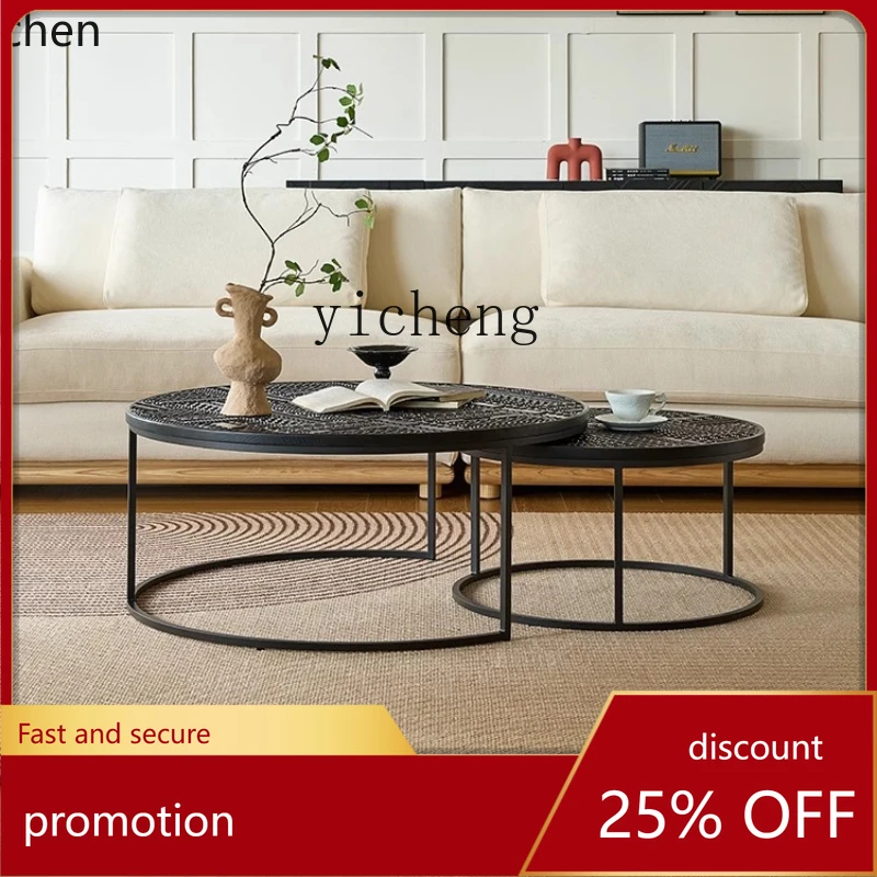 

ZMLcoffee table new retro solid wood combination side table living room small apartment black size round tea table