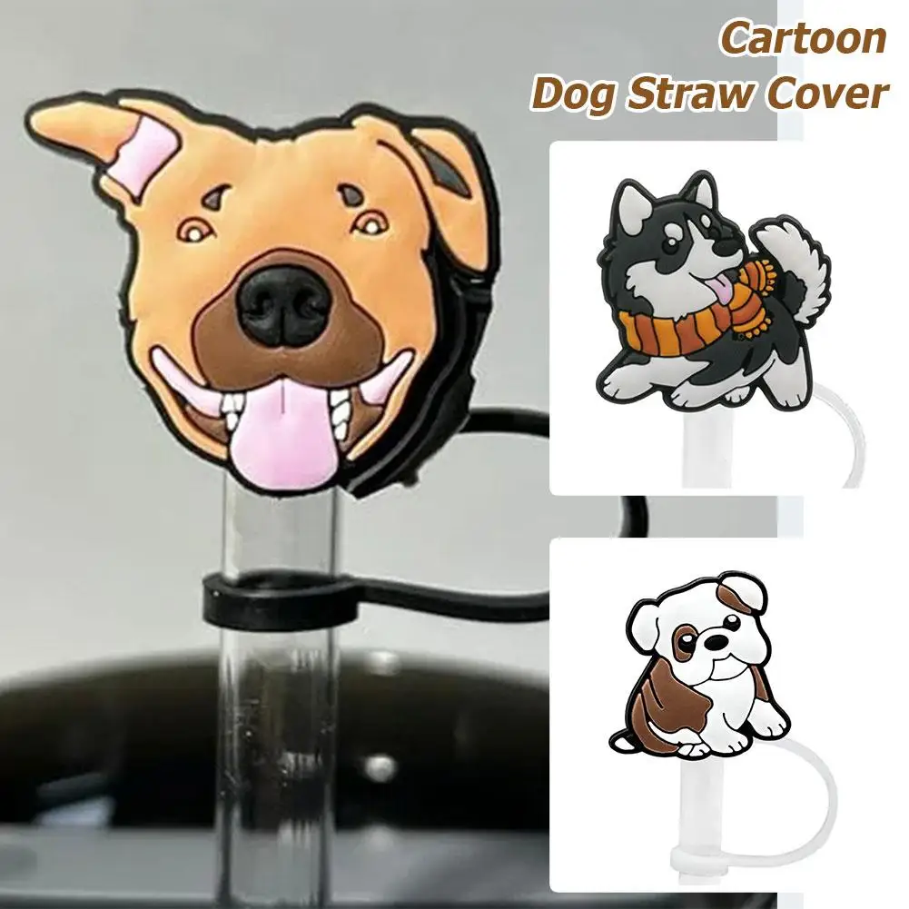 New Cartoon Cute Dog Straw Cover Cap 10MM Drink Straw Reusable Drinking Pendant Cap Fit Cup Straw Splash Plug Proof D6S8