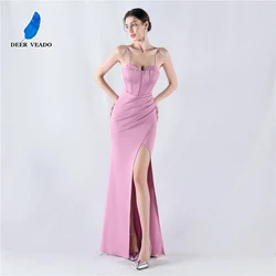 DEERVEADO 8 Candy Colors Women's Strap Evening Dress Long Mermaid Slit Soft Satin Wedding Party Dresses Prom Gown Formal Dress