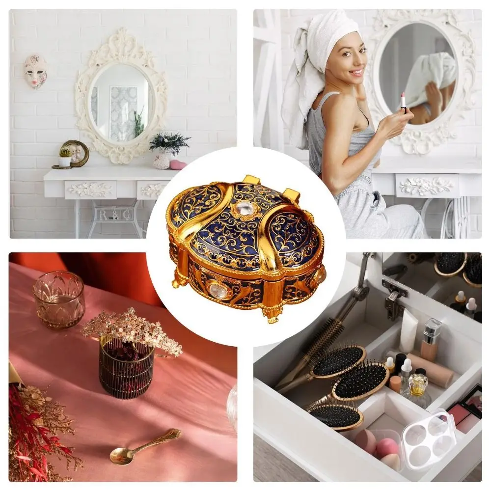 Ring Holder Vintage Style Jewelry Organizer Relief Design Oval Shape Trinket Box Flip Open Light Luxury Storage Box For Girls