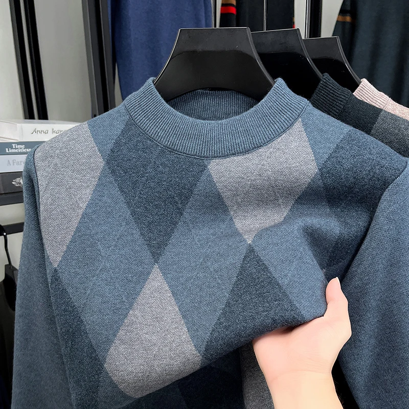

Luxury new trend knitted long sleeve sweater men fashion personality checkered printed casual comfort warm round neck pullover