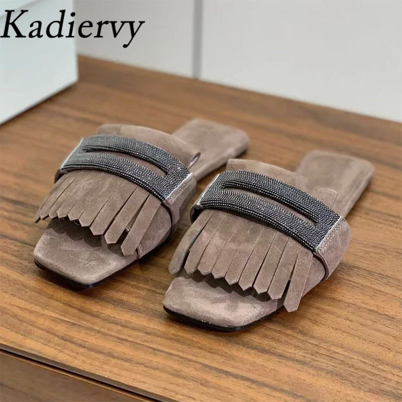 

High Quality Slippers Women Cow Suede Flat Slides Square Peep Toe String Bead Fringe Mules Shoes For Women Summer Slippers Woman