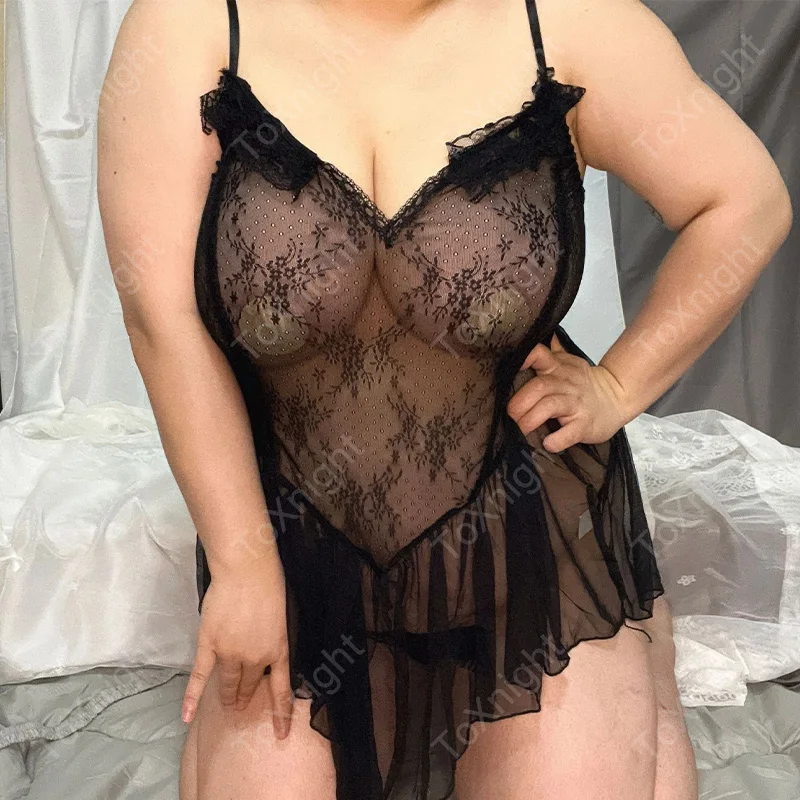 Plus size lace see through sexy suspender nightgown XXXL sexy lingerie set hot underwear wholesale 008