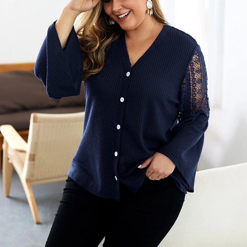 Autumn new plus size casual sweater fashion women's V-neck lace button trumpet sleeve high quality solid color sweater.
