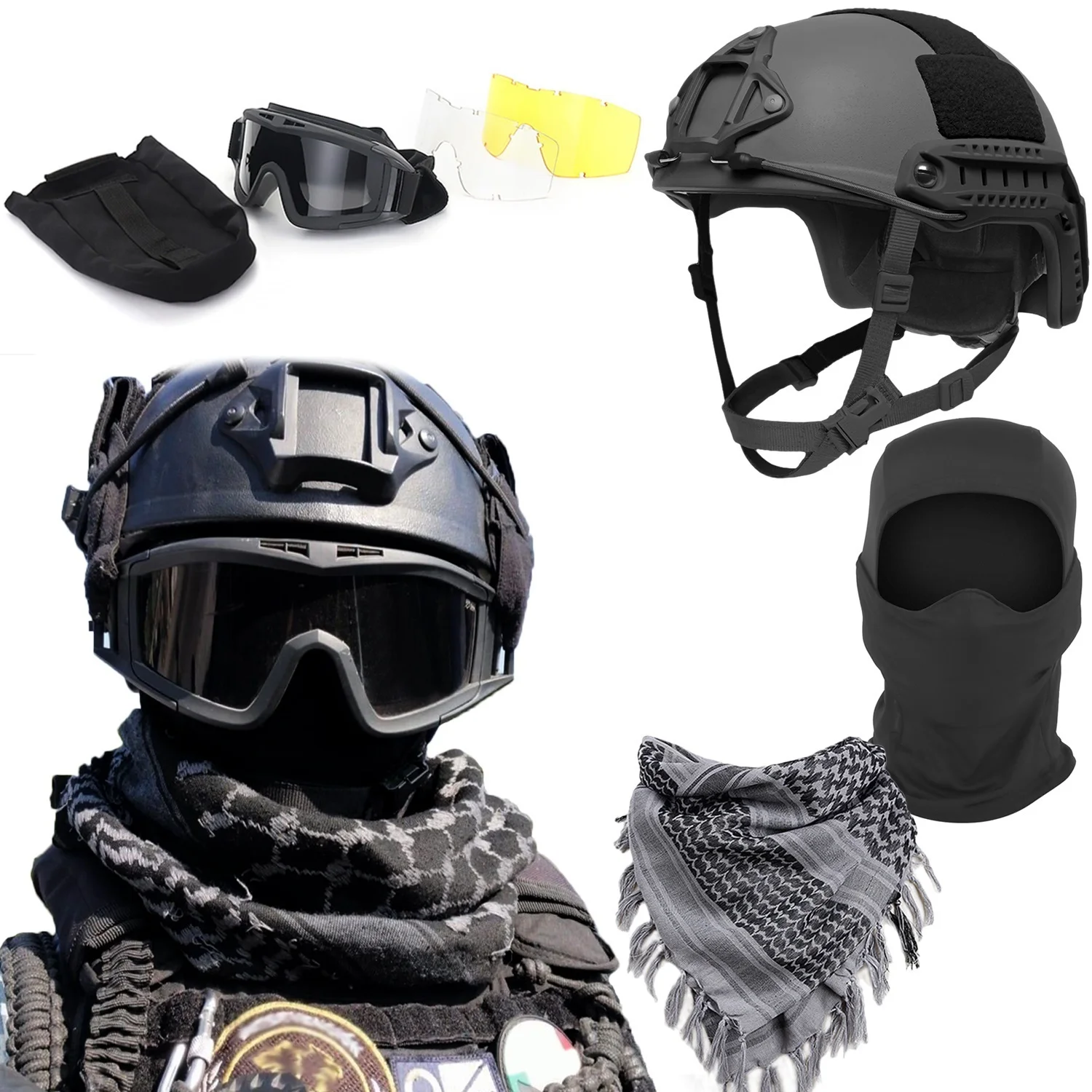 Tactical FAST Airsoft Helmet - Tactical Anti-fog Goggles - Anti-UV - Multicam Scarf Kerchief - Balaclava