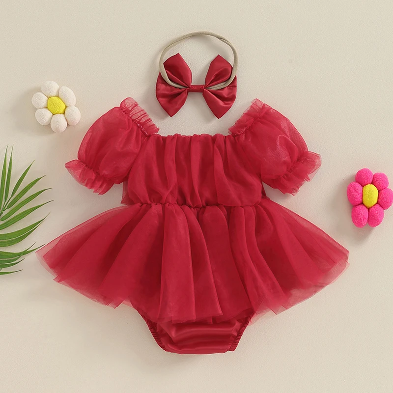 Christmas Baby Girl Rompers Dress Newborn Infant Toddler Tulle Bow Jumpsuit And Headband Princess Xmas Party Outfits