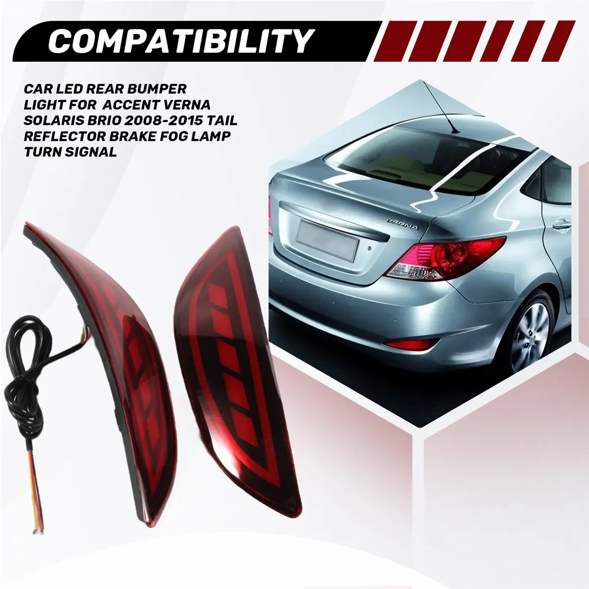 Compatible Car LED Rear Bumper Light for Accent 2008-2015 Tail Reflector Brake Fog Lamp Turn Signal