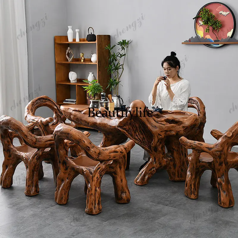 Imitation root carving tea table and chair combination office Laojunyan integrated tea table courtyard kung fu coffee table set