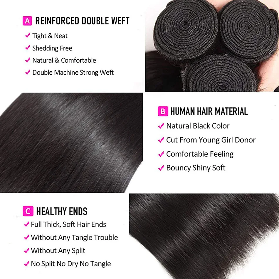 30 40 Inch Straight Bundle 100% Human Hair 3 4 Bundles Natural Color Remy Black Hair Extensions Brazilian Transparent For Weman