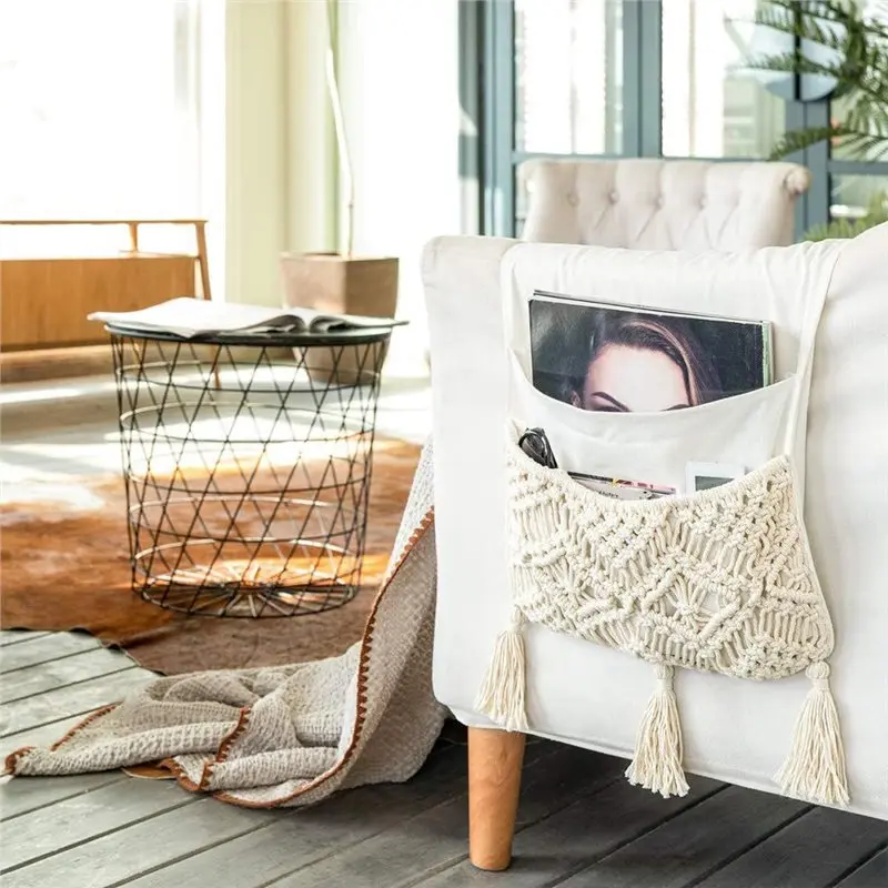 B-est Stylish Remote Control Organizer-Macrame Couch Storage Bag For Sofa, Armchair, And Bedside