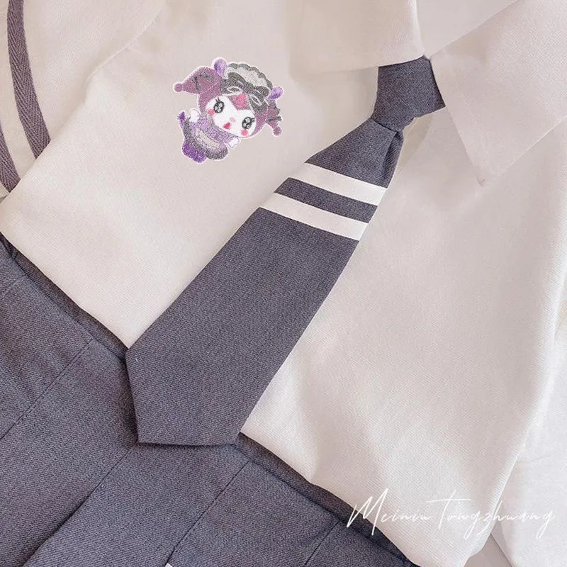 Sanrios Kuromi ชุด Preppy สำหรับเด็ก, เสื้อผ้าแฟชั่นเด็กผู้หญิง Cinnamoroll เสื้อแขนสั้น JK กระโปรงมีจีบเสื้อผ้าเด็กเกาหลี