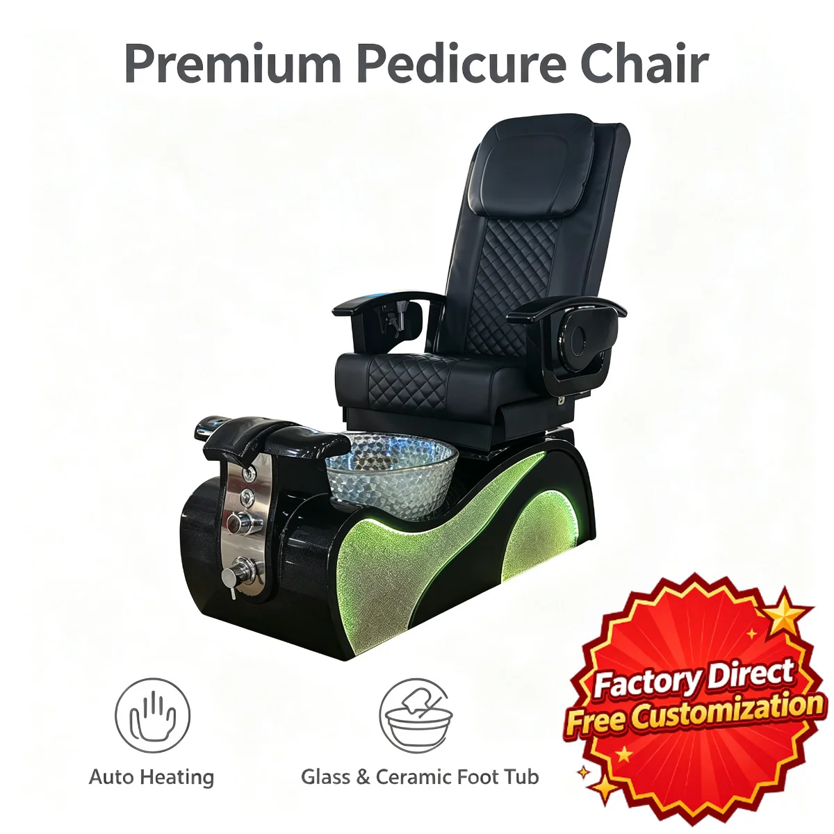 LED Light Electric Pedicure Chair Glass Foot Spa Tub Heated Massage Salon Chair