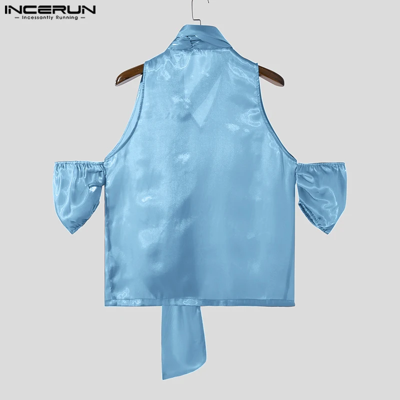 INCERUN Men T Shirt Solid Transparent Shiny Turtleneck Short Sleeve Hollow Out Camisetas Lace Up Steetwear 2024 Fashion Tee Tops