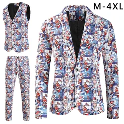 Plus Size Men Suits Sets 3D Christmas Printed One Button Male 3 Piece Blazers Coat + Vest + Pants Stage Party Trajes De Hombre