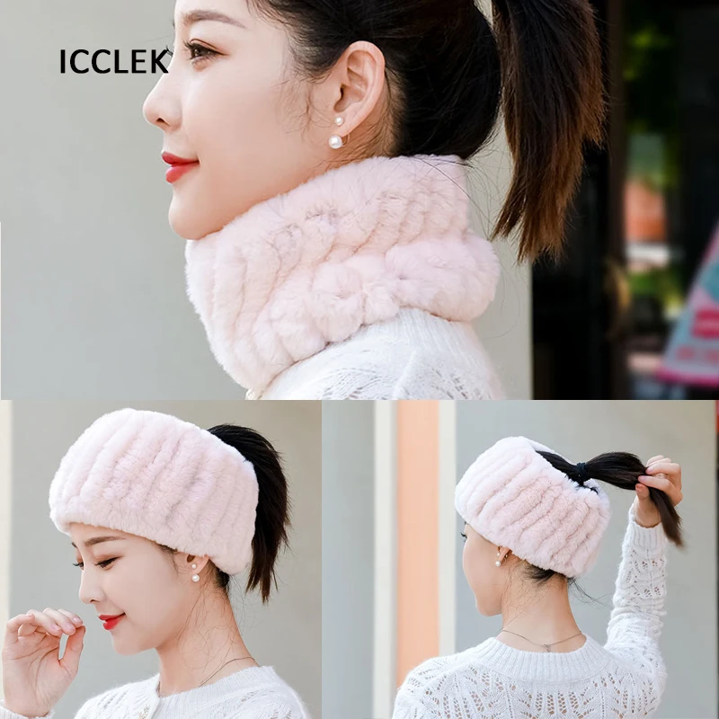 Women Real Fur Scarf Knit Genuine Rabbit Fur Headbands Winter Warm Neck Warmer Elastic Soft Fur Ring Cowl Snood Scarves