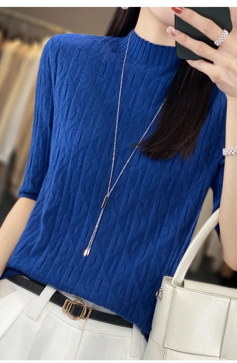 Women New Soft Diamond Letter Design Sweater Half-high Collar Three Quarter Sleeve Pullover Spring Summer Casual Knit Slim Top
