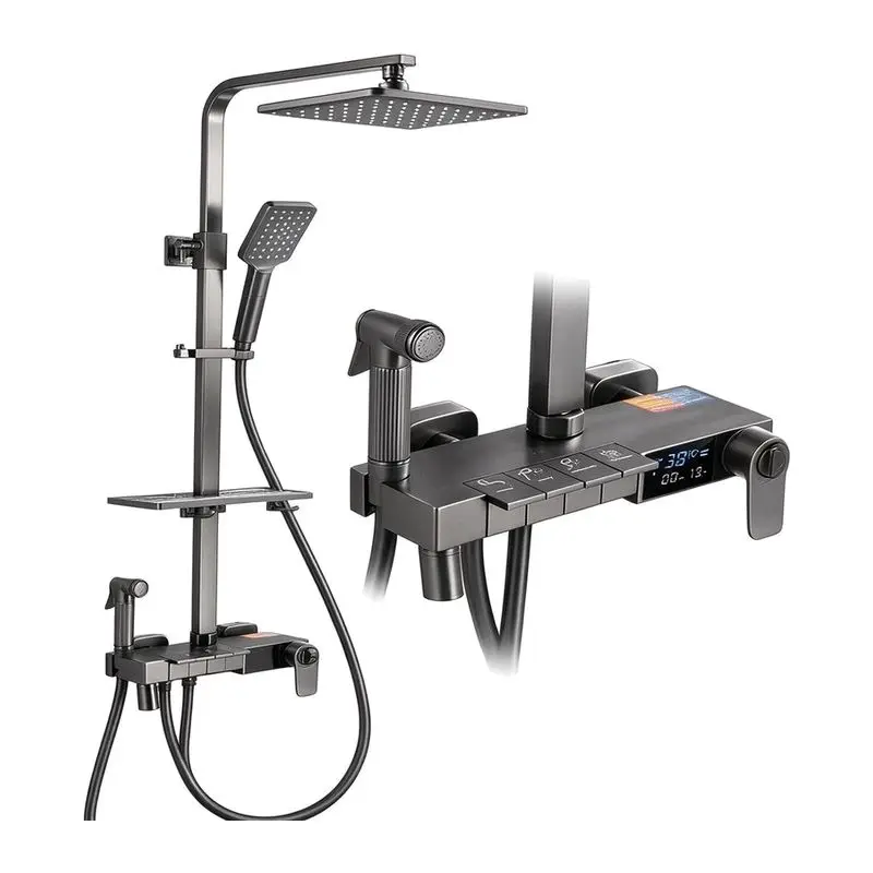 Smart Thermostatic Shower Set Gray Brushed Piano Keys Digital Shower Home