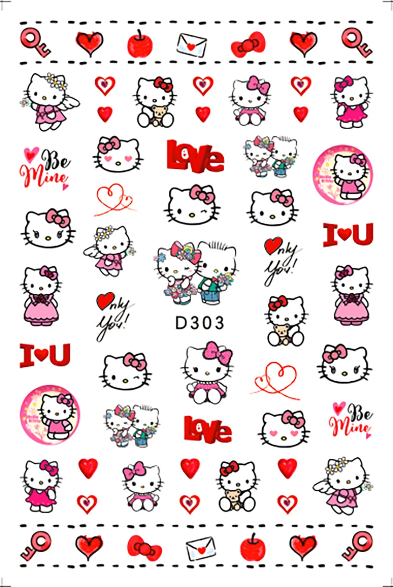 Sanrio Animation Nail Art Supplies Cute Hello Kitty Love Hearts 3D Nail Stickers Nail Art Decoration Nail Decals Press on Nails