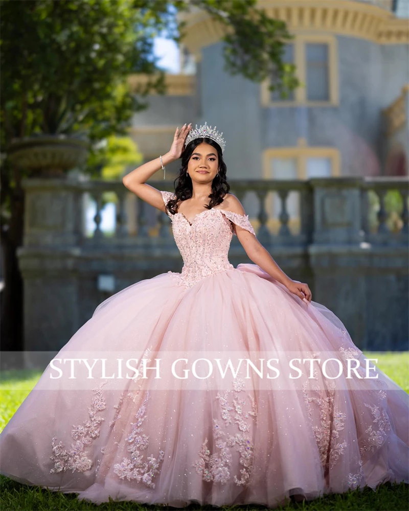 Mexico Pink Off The Shoulder Quinceanera Dresses Ball Gown Bead Appliques Graduation Dress Party Dresses robes de soirée