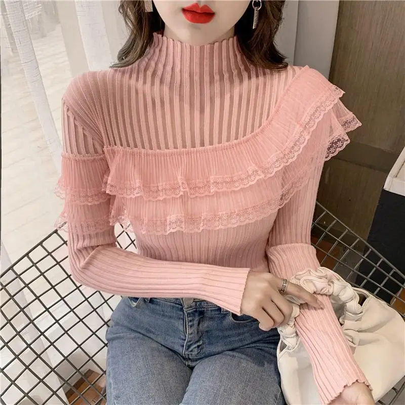 Elegant Turtleneck Hollow Out Ruffles Lace Blouse Female Clothing 2023 Autumn Winter New Casual Pullovers Sweet Shirt