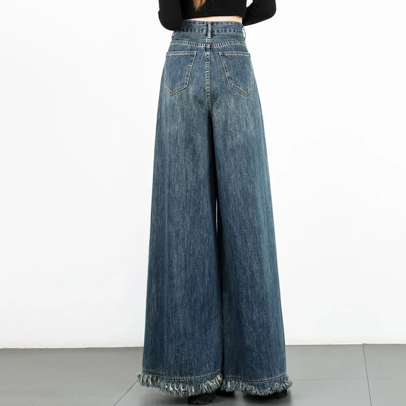 Vintage Wide Leg Jeans Women's Spring  Autumn New Plus Size 4XL High Waist Loose Tassel Burrs Swing Denim Pants Skirt