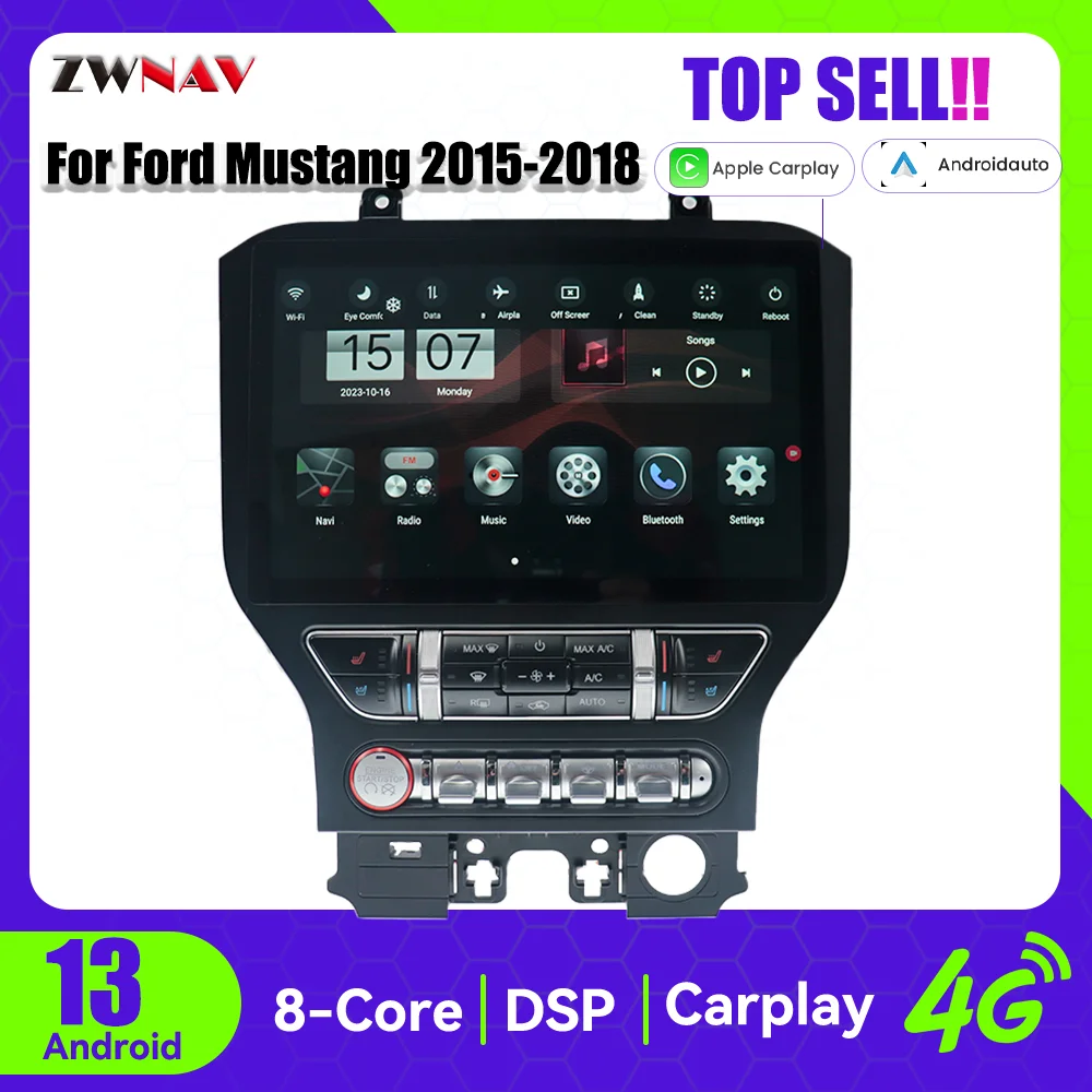 ZWNAV Android 13 128G Tesla Style Car GPS Navigation For Ford Mustang fukuda 2015-2018 Stereo Radio Head Unit Multimedia Player