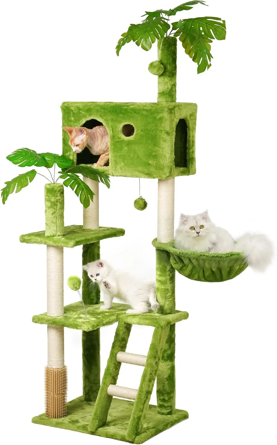 

65in Tall Cat Tree with Leaves for Indoor Cats, Green Cat Tower with Scratching Post,Hanging Hammock