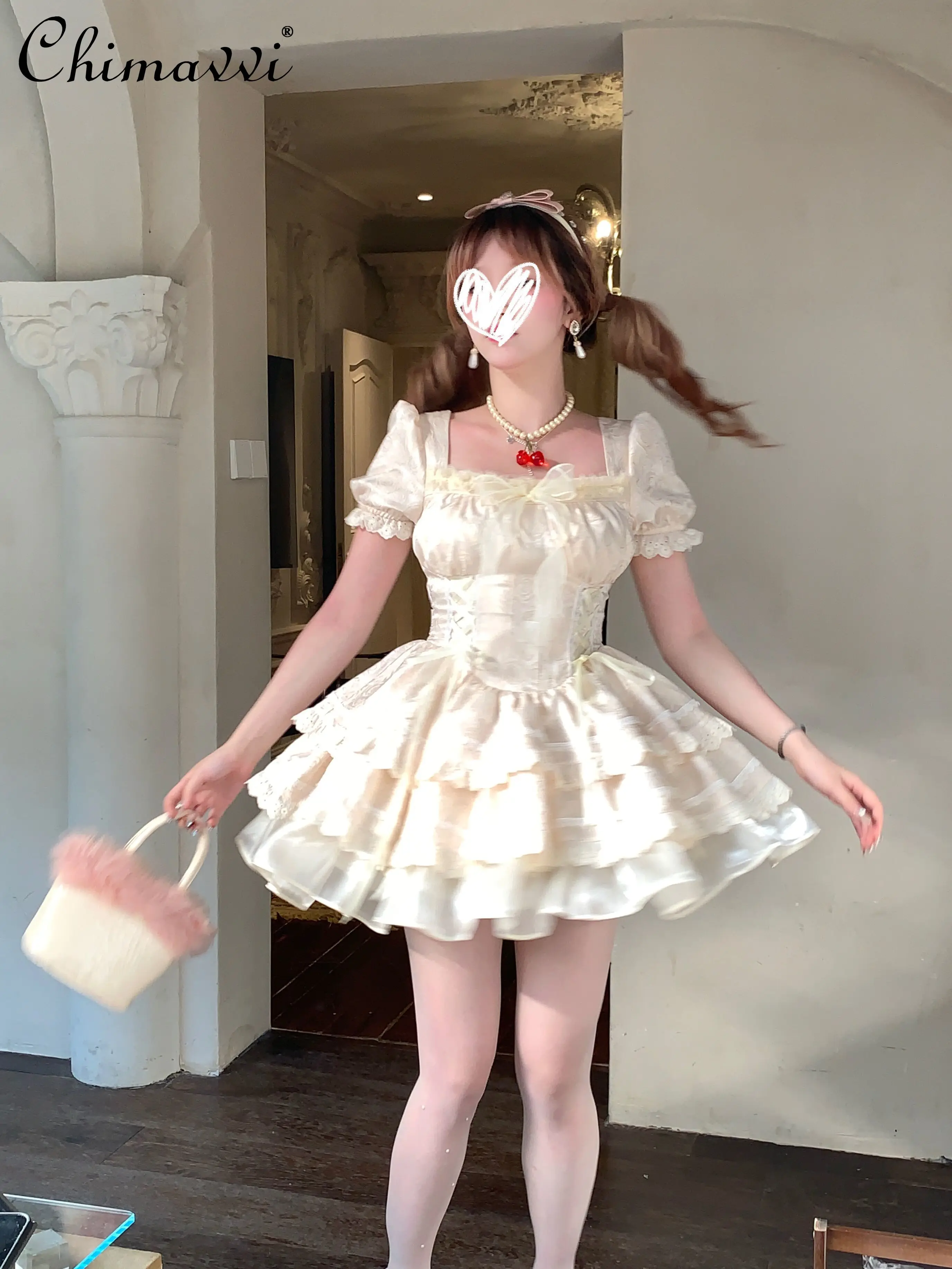 

Mori Sweet Girl Short Dress New 2024 Summer Clothes Fashion Beige Bright Silk Bow High Waist Kawaii Mini Cake Dresses Female