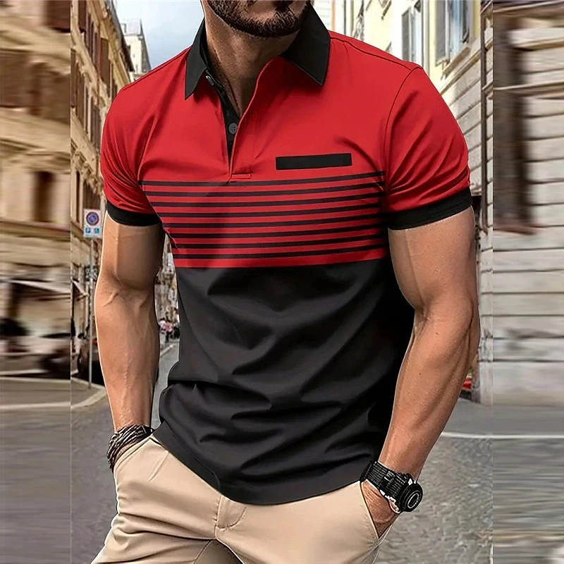 Business Men\'s Polo T Shirt Summer Short Sleeve Clothing Fashion Stripe Print Street Casual Buttons Tops Oversized Pullover