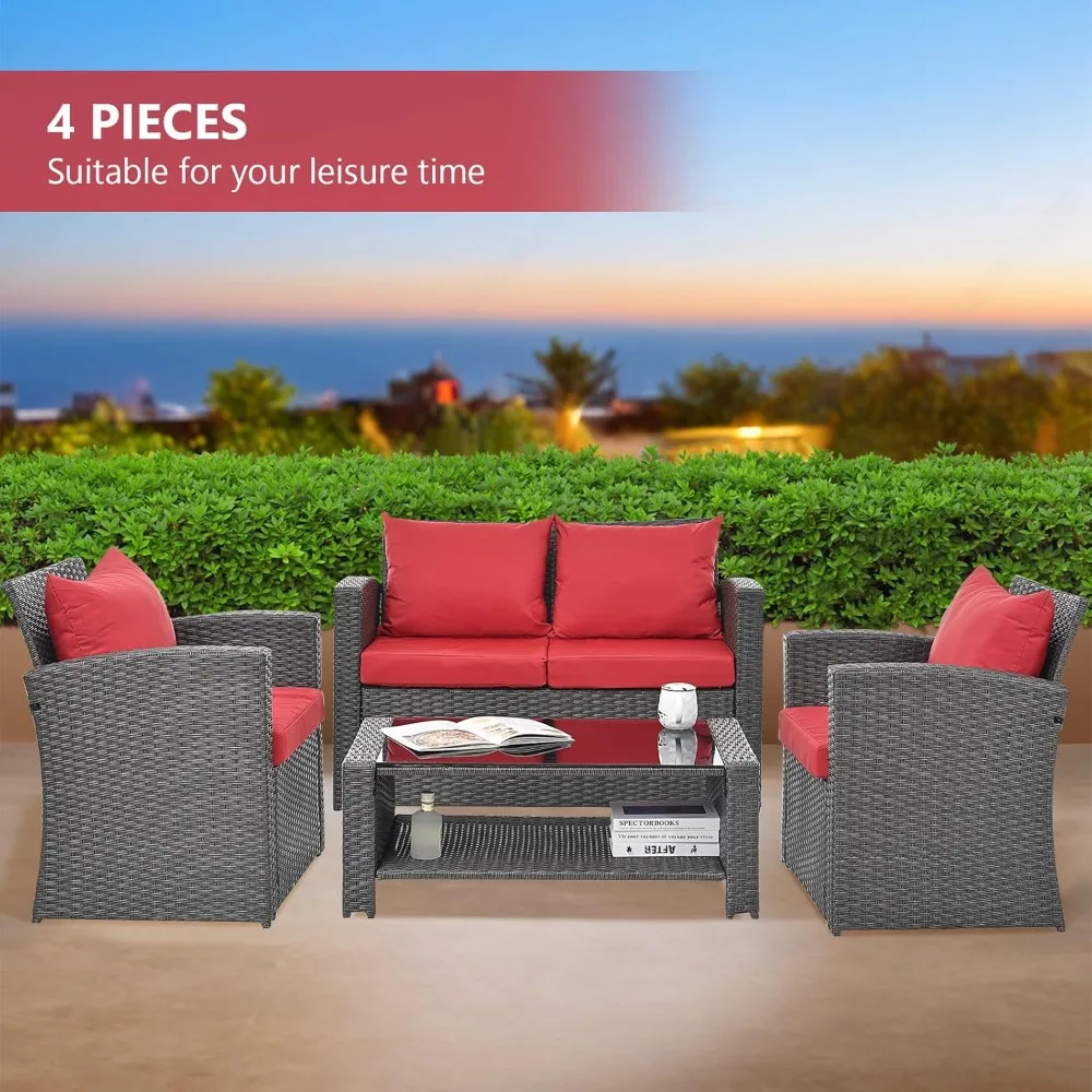 4 Piece Outdoor Patio Furniture Sets, Wicker Waterproof Conversation Sets, Weather Resistant Rattan Sofa Chair with Cushion