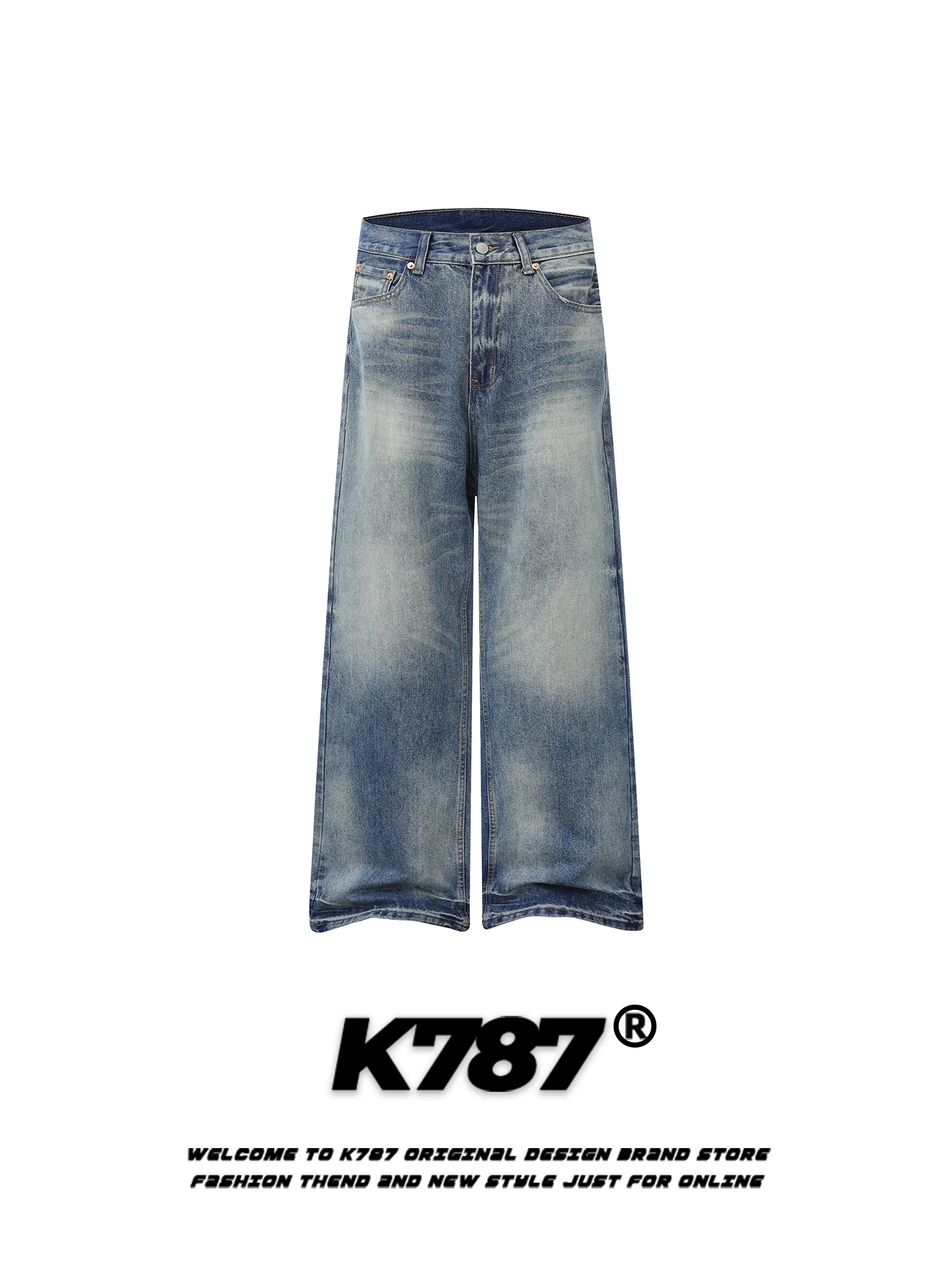

K787 American Retro Washed Denim Jeans High Waist Straight Leg Loose Casual Men's Long Trousers Youth Trendy Brand Jeans