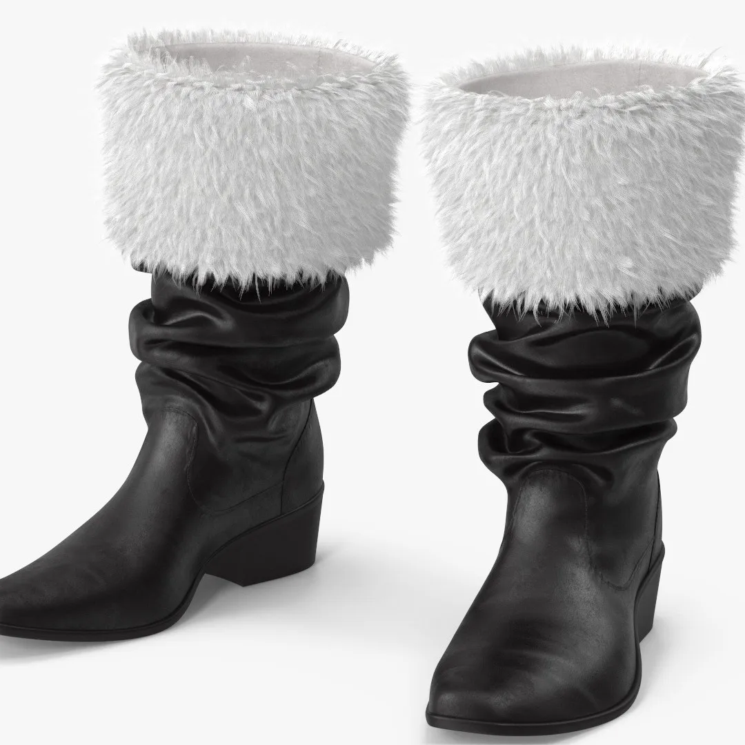 Kerstmanlaarzen Cosplay Zwart lederen schoenen Witte harige schoenmond Geschikt voor mannen en vrouwen Halloween- en kerstschoenen