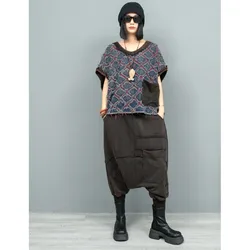 Vintage Splicing Sleeveless Vest + Small Leg Hanging Crotch Pants Two-piece Set Women 2024 Autumn Fashion Pant Set LX2299