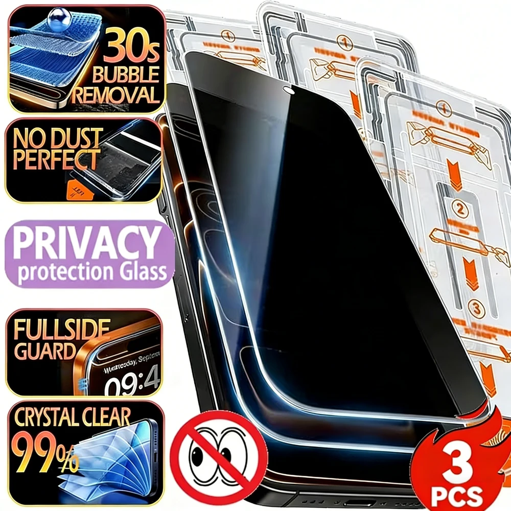 

1-3Pcs Dust free Install Privacy Tempered Glass For iPhone 17 Pro Max 17e Air 16 15 14 13 11 12 16 Plus 7 8 XR Screen Protectors