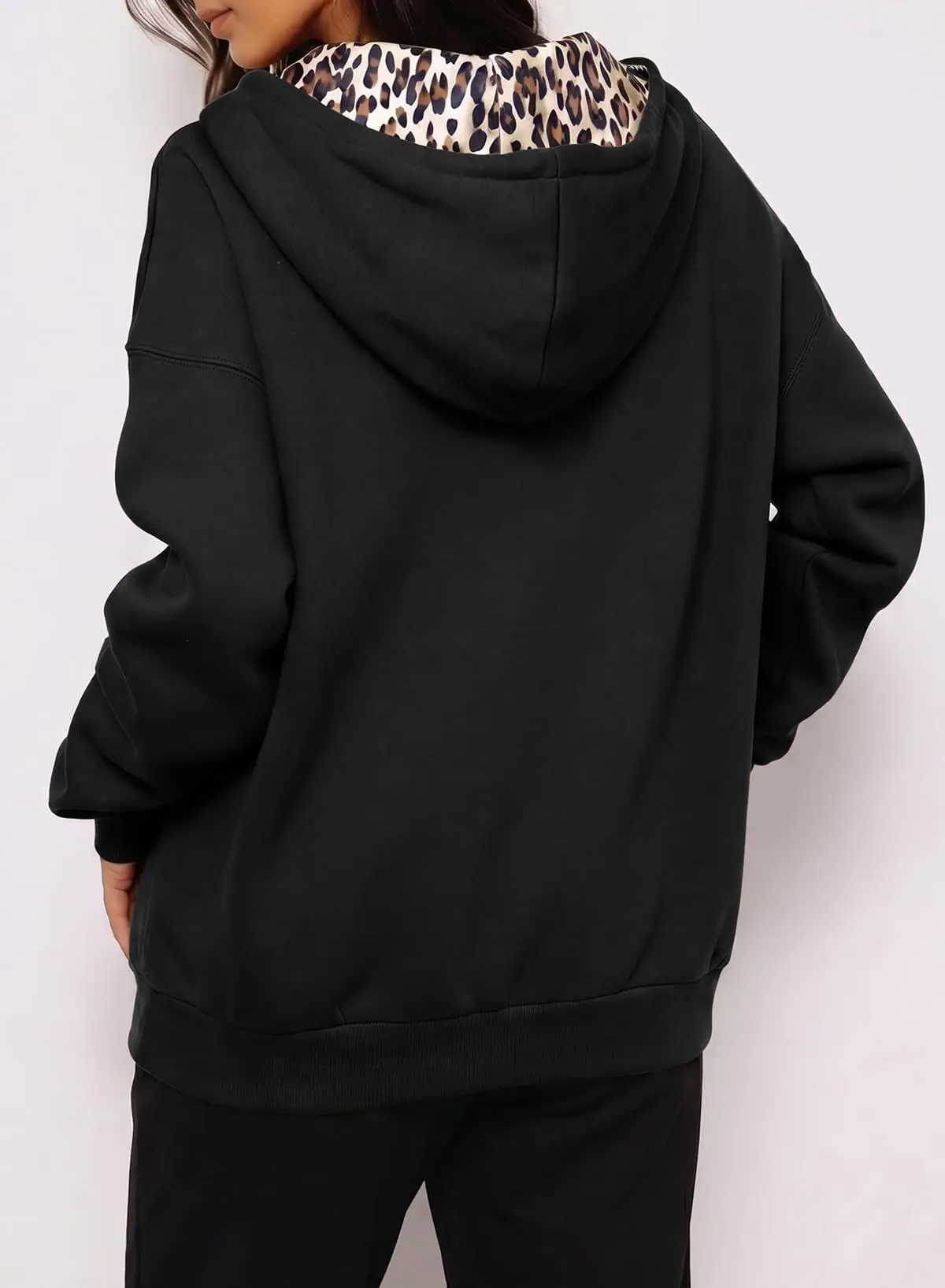 Women's Full Zip Hoodie with Leopard Hood Lining Oversized Long Sleeve Jacket Winter Warm Fleece Lined Sweatshirt Streetwear